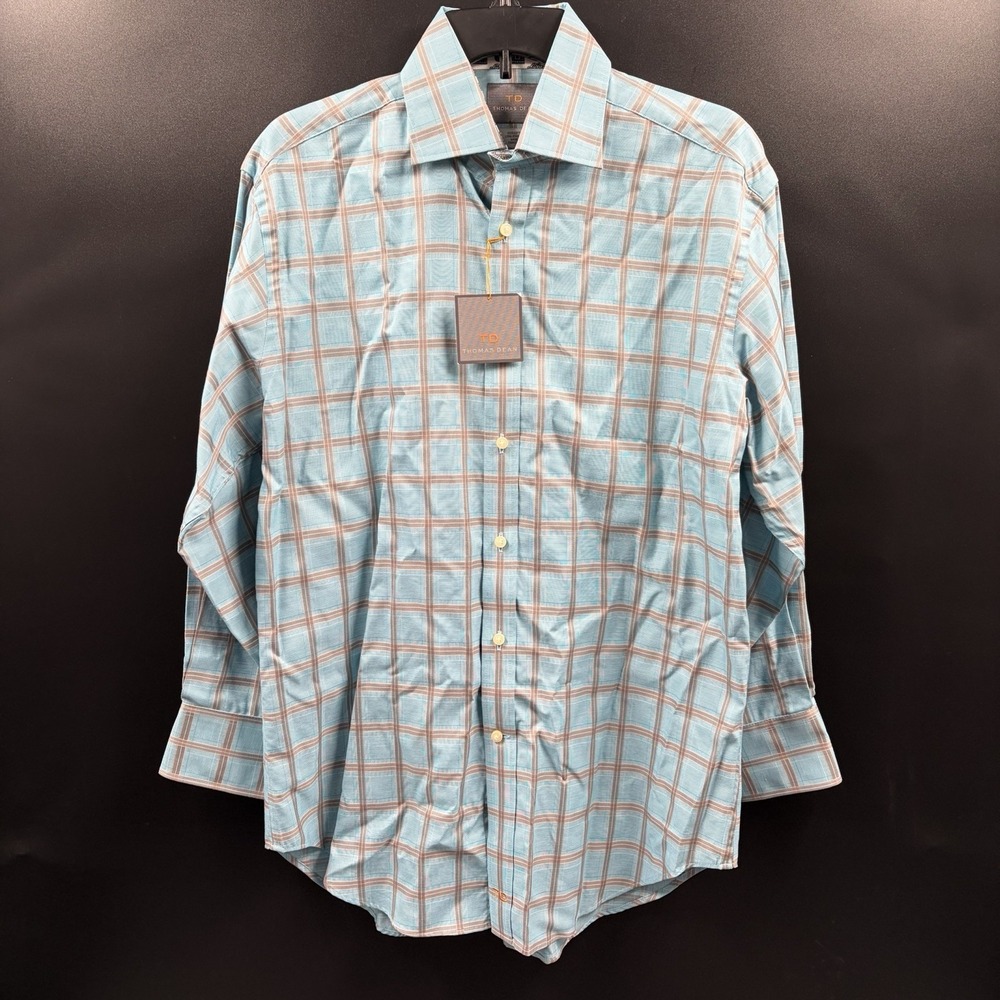 Thomas Dean Men's Long Sleeve Button Up Shirt Size M Blue Striped Cotton‎